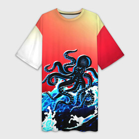 Платье-футболка 3D с принтом Кракен в Море | Градиент в Екатеринбурге,  |  | animal | beast | fade | kraken | monster | moon | ocean | octopus | sea | water | waves | вода | волны | градиент | животные | звери | кракен | луна | монстр | море | океан | осьминог | рыбы | щупальца