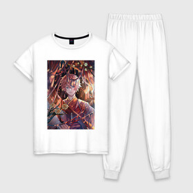 Женская пижама хлопок с принтом Tartaglia fan art в Екатеринбурге, 100% хлопок | брюки и футболка прямого кроя, без карманов, на брюках мягкая резинка на поясе и по низу штанин | art | fanart | game | genshin | impact | tartaglia | арт | тарталья | фан