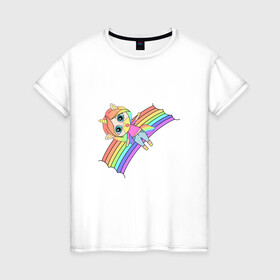 Женская футболка хлопок с принтом Единорожка на радуге в Екатеринбурге, 100% хлопок | прямой крой, круглый вырез горловины, длина до линии бедер, слегка спущенное плечо | rainbow | unicorn | единорог | единорожка | радуга | яркая радуга | яркий принт