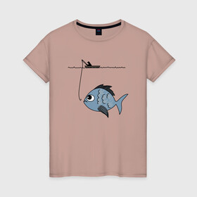 Женская футболка хлопок с принтом Огромный улов в Екатеринбурге, 100% хлопок | прямой крой, круглый вырез горловины, длина до линии бедер, слегка спущенное плечо | крючок | лодка | рыба | рыбак | рыбалка | удочка