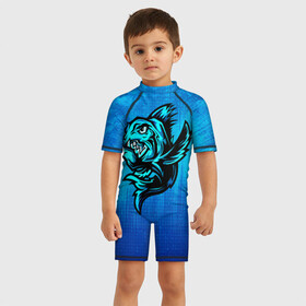 Детский купальный костюм 3D с принтом Пиранья в Екатеринбурге, Полиэстер 85%, Спандекс 15% | застежка на молнии на спине | Тематика изображения на принте: fish | piranha | живность | морская | на синем | пиранья | рыба