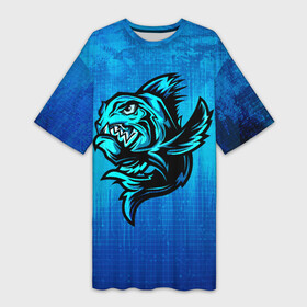 Платье-футболка 3D с принтом Пиранья в Екатеринбурге,  |  | fish | piranha | живность | морская | на синем | пиранья | рыба