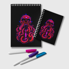 Блокнот с принтом Череп Осьминог Octopus Skull в Екатеринбурге, 100% бумага | 48 листов, плотность листов — 60 г/м2, плотность картонной обложки — 250 г/м2. Листы скреплены удобной пружинной спиралью. Цвет линий — светло-серый
 | Тематика изображения на принте: animal | beast | kraken | monster | ocean | octopus | sea | skull | water | waves | вода | животные | звери | кракен | монстр | море | океан | осьминог | рыбы | череп | щупальца