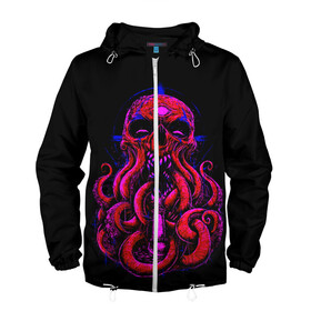 Мужская ветровка 3D с принтом Череп Осьминог Octopus Skull в Екатеринбурге, 100% полиэстер | подол и капюшон оформлены резинкой с фиксаторами, два кармана без застежек по бокам, один потайной карман на груди | Тематика изображения на принте: animal | beast | kraken | monster | ocean | octopus | sea | skull | water | waves | вода | животные | звери | кракен | монстр | море | океан | осьминог | рыбы | череп | щупальца