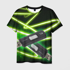 Мужская футболка 3D с принтом Флешка в Екатеринбурге, 100% полиэфир | прямой крой, круглый вырез горловины, длина до линии бедер | green | usb | зелёная дымка | накопитель | неон | флешка