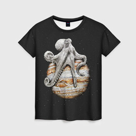 Женская футболка 3D с принтом Planetary Octopus в Екатеринбурге, 100% полиэфир ( синтетическое хлопкоподобное полотно) | прямой крой, круглый вырез горловины, длина до линии бедер | galaxy | jupiter | octopus | planet | space | stars | stellar | sun | system | галактика | звездная | звезды | космос | осьминог | планета | система | солнце | юпитер