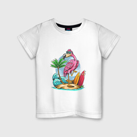 Детская футболка хлопок с принтом Отдыхаю как фламинго в Екатеринбурге, 100% хлопок | круглый вырез горловины, полуприлегающий силуэт, длина до линии бедер | море | океан | отдых | отпуск | пальмы | путешествие | серфинг | фламинго