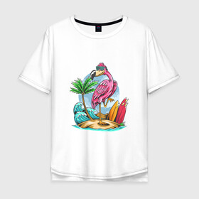 Мужская футболка хлопок Oversize с принтом Отдыхаю как фламинго в Екатеринбурге, 100% хлопок | свободный крой, круглый ворот, “спинка” длиннее передней части | море | океан | отдых | отпуск | пальмы | путешествие | серфинг | фламинго