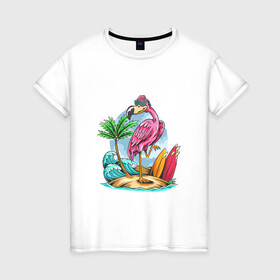 Женская футболка хлопок с принтом Отдыхаю как фламинго в Екатеринбурге, 100% хлопок | прямой крой, круглый вырез горловины, длина до линии бедер, слегка спущенное плечо | море | океан | отдых | отпуск | пальмы | путешествие | серфинг | фламинго