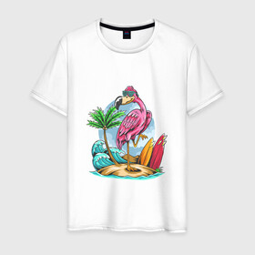 Мужская футболка хлопок с принтом Отдыхаю как фламинго в Екатеринбурге, 100% хлопок | прямой крой, круглый вырез горловины, длина до линии бедер, слегка спущенное плечо. | Тематика изображения на принте: море | океан | отдых | отпуск | пальмы | путешествие | серфинг | фламинго