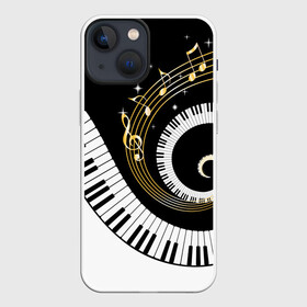 Чехол для iPhone 13 mini с принтом МУЗЫКАЛЬНЫЙ УЗОР в Екатеринбурге,  |  | black and white | gold | music | notes | piano | звуки | золото | клавиши | красота | музыка | ноты | рояль | спираль | узор | черно белое