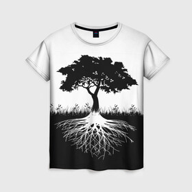 Женская футболка 3D с принтом ДЕРЕВО ИНЬ-ЯНЬ в Екатеринбурге, 100% полиэфир ( синтетическое хлопкоподобное полотно) | прямой крой, круглый вырез горловины, длина до линии бедер | blackwhite | evil | tree | дерево | добро | зло | инь янь | корни | лес | листья | природа | саванна | узор | черно белое