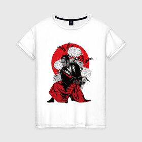 Женская футболка хлопок с принтом САМУРАЙ 007 в Екатеринбурге, 100% хлопок | прямой крой, круглый вырез горловины, длина до линии бедер, слегка спущенное плечо | black | bond | flowers | japan | red | samurai | кимоно | костюм | меч | самурай | цветы | япония