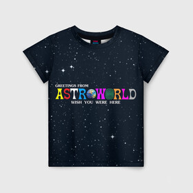 Детская футболка 3D с принтом Astroworld в Екатеринбурге, 100% гипоаллергенный полиэфир | прямой крой, круглый вырез горловины, длина до линии бедер, чуть спущенное плечо, ткань немного тянется | Тематика изображения на принте: astroworld | music | travis scott | музыка | трэвис скотт