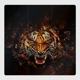 Магнитный плакат 3Х3 с принтом ЯРОСТЬ ТИГРА в Екатеринбурге, Полимерный материал с магнитным слоем | 9 деталей размером 9*9 см | Тематика изображения на принте: animal | beast | cat | hunter | tiger | агрессия | брутальность | животные | звери | клыки | кошки | охотник | пасть | природа | рев | тигр | хищник | царь