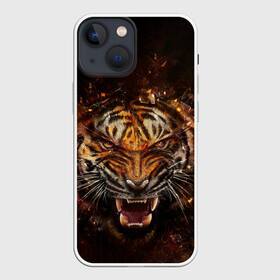 Чехол для iPhone 13 mini с принтом ЯРОСТЬ ТИГРА в Екатеринбурге,  |  | Тематика изображения на принте: animal | beast | cat | hunter | tiger | агрессия | брутальность | животные | звери | клыки | кошки | охотник | пасть | природа | рев | тигр | хищник | царь