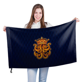 Флаг 3D с принтом Кракен в короне в Екатеринбурге, 100% полиэстер | плотность ткани — 95 г/м2, размер — 67 х 109 см. Принт наносится с одной стороны | Тематика изображения на принте: king | kraken | octopus | корона | кракен | море | морские | морское | осьминог | щупальца