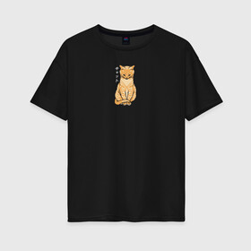 Женская футболка хлопок Oversize с принтом Serenity Cat в Екатеринбурге, 100% хлопок | свободный крой, круглый ворот, спущенный рукав, длина до линии бедер
 | животное | звери | иероглифы | кот | кошка | надпись на японском | питомец | спокойствие