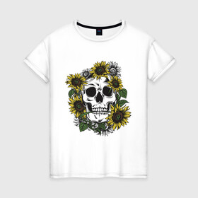 Женская футболка хлопок с принтом Мой стиль - подсолнух в Екатеринбурге, 100% хлопок | прямой крой, круглый вырез горловины, длина до линии бедер, слегка спущенное плечо | skull | подсолнух | романтика | цветок | череп