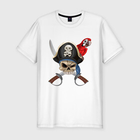 Мужская футболка хлопок Slim с принтом Капитан Джек в Екатеринбурге, 92% хлопок, 8% лайкра | приталенный силуэт, круглый вырез ворота, длина до линии бедра, короткий рукав | меч | пират | попугай