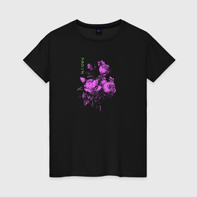 Женская футболка хлопок с принтом Purple flowers в Екатеринбурге, 100% хлопок | прямой крой, круглый вырез горловины, длина до линии бедер, слегка спущенное плечо | flowers | иероглифы | надпись на японском | природа | растение | роза | цветочки | цветы