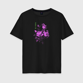 Женская футболка хлопок Oversize с принтом Purple flowers в Екатеринбурге, 100% хлопок | свободный крой, круглый ворот, спущенный рукав, длина до линии бедер
 | flowers | иероглифы | надпись на японском | природа | растение | роза | цветочки | цветы