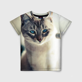 Детская футболка 3D с принтом Кот с Голубыми глазами в Екатеринбурге, 100% гипоаллергенный полиэфир | прямой крой, круглый вырез горловины, длина до линии бедер, чуть спущенное плечо, ткань немного тянется | глаза | голубые глаза | животные | кот | кошка