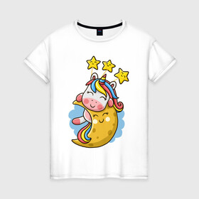 Женская футболка хлопок с принтом Единорог на луне в Екатеринбурге, 100% хлопок | прямой крой, круглый вырез горловины, длина до линии бедер, слегка спущенное плечо | cute | funny | moon | pony | rainbow | unicorn | единорог | единорожка | звездочки | луна | милый | пони | радуга