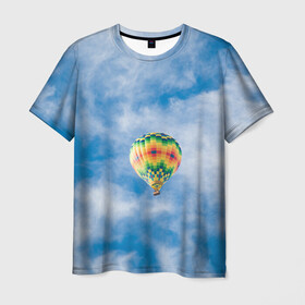 Мужская футболка 3D с принтом Воздушный шар в небе в Екатеринбурге, 100% полиэфир | прямой крой, круглый вырез горловины, длина до линии бедер | воздушные | воздушный | небеса | небесный | небо | облака | облако | туча | тучи | шар | шары