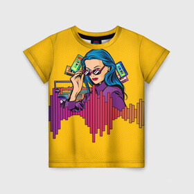 Детская футболка 3D с принтом Ретро Девушка 90-х Арт в Екатеринбурге, 100% гипоаллергенный полиэфир | прямой крой, круглый вырез горловины, длина до линии бедер, чуть спущенное плечо, ткань немного тянется | 80 е | 90 е | art. | disco | girl | pop | purple | retro | yellow | бумбокс | в горошек | желтый | кассета | кассеты | лето | магнитофон | музыка | принт | фиолетовый | яркий