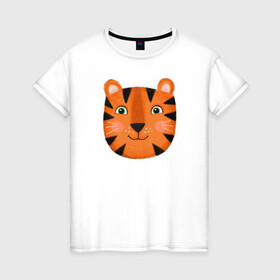 Женская футболка хлопок с принтом Тигр в Екатеринбурге, 100% хлопок | прямой крой, круглый вырез горловины, длина до линии бедер, слегка спущенное плечо | большой | весёлый | дикий | добрый | зверь | классный | кот | котик | крутой | лучший | модный | мягкий | новый | подарок | полосатый | принт | рыжий | символ | тигр | тигрёнок | усатый