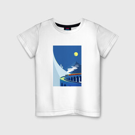 Детская футболка хлопок с принтом паровозик в Екатеринбурге, 100% хлопок | круглый вырез горловины, полуприлегающий силуэт, длина до линии бедер | Тематика изображения на принте: гора | минимализм | мостик | паровозик | синее небо | снег | солнышко