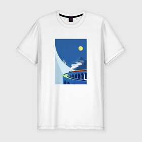 Мужская футболка хлопок Slim с принтом паровозик в Екатеринбурге, 92% хлопок, 8% лайкра | приталенный силуэт, круглый вырез ворота, длина до линии бедра, короткий рукав | Тематика изображения на принте: гора | минимализм | мостик | паровозик | синее небо | снег | солнышко