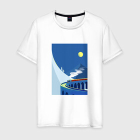 Мужская футболка хлопок с принтом паровозик в Екатеринбурге, 100% хлопок | прямой крой, круглый вырез горловины, длина до линии бедер, слегка спущенное плечо. | гора | минимализм | мостик | паровозик | синее небо | снег | солнышко