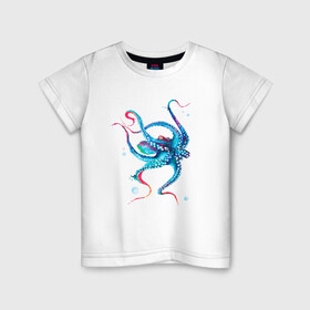 Детская футболка хлопок с принтом Осьминог акварель в Екатеринбурге, 100% хлопок | круглый вырез горловины, полуприлегающий силуэт, длина до линии бедер | Тематика изображения на принте: cute | octopus | акварель | милый | осьминог | осьминожка | тентакли