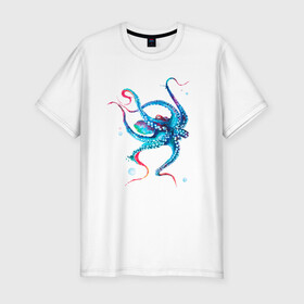 Мужская футболка хлопок Slim с принтом Осьминог акварель в Екатеринбурге, 92% хлопок, 8% лайкра | приталенный силуэт, круглый вырез ворота, длина до линии бедра, короткий рукав | cute | octopus | акварель | милый | осьминог | осьминожка | тентакли