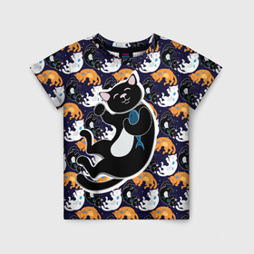 Детская футболка 3D с принтом Японские котики в Екатеринбурге, 100% гипоаллергенный полиэфир | прямой крой, круглый вырез горловины, длина до линии бедер, чуть спущенное плечо, ткань немного тянется | группа | животные | кот | кот с рыбой | котики | манэки нэко | манящий кот | чёрный кот | япония