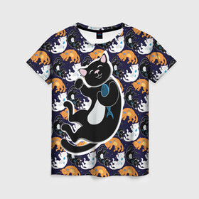 Женская футболка 3D с принтом Японские котики в Екатеринбурге, 100% полиэфир ( синтетическое хлопкоподобное полотно) | прямой крой, круглый вырез горловины, длина до линии бедер | группа | животные | кот | кот с рыбой | котики | манэки нэко | манящий кот | чёрный кот | япония