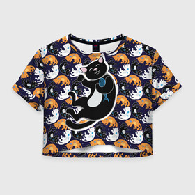 Женская футболка Crop-top 3D с принтом Японские котики в Екатеринбурге, 100% полиэстер | круглая горловина, длина футболки до линии талии, рукава с отворотами | группа | животные | кот | кот с рыбой | котики | манэки нэко | манящий кот | чёрный кот | япония