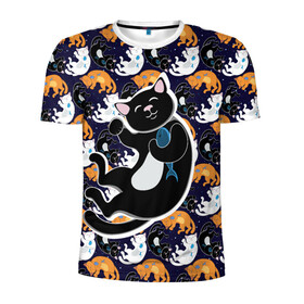 Мужская футболка 3D спортивная с принтом Японские котики в Екатеринбурге, 100% полиэстер с улучшенными характеристиками | приталенный силуэт, круглая горловина, широкие плечи, сужается к линии бедра | группа | животные | кот | кот с рыбой | котики | манэки нэко | манящий кот | чёрный кот | япония