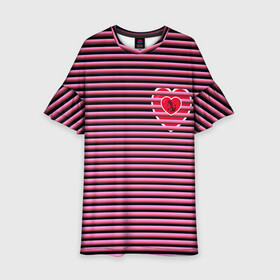 Детское платье 3D с принтом Розовое лето в Екатеринбурге, 100% полиэстер | прямой силуэт, чуть расширенный к низу. Круглая горловина, на рукавах — воланы | для девушек | лето | полосы | популярные иллюстрации | розовый цвет | сердечки | тельняшка | якорь