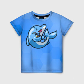 Детская футболка 3D с принтом Дельфин с коктейлем в Екатеринбурге, 100% гипоаллергенный полиэфир | прямой крой, круглый вырез горловины, длина до линии бедер, чуть спущенное плечо, ткань немного тянется | dolphin | дельфин | коктейль | море | морские | на голубом | с дельфином