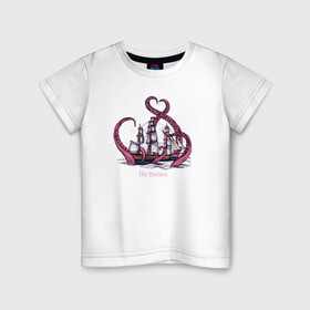 Детская футболка хлопок с принтом Корабль и кракен в Екатеринбурге, 100% хлопок | круглый вырез горловины, полуприлегающий силуэт, длина до линии бедер | Тематика изображения на принте: kraken | ships | корабли | кораблики | корабль | кракен | море | морские | морское