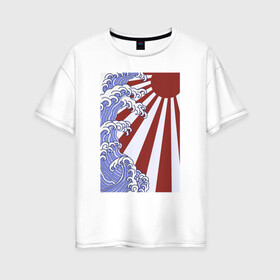 Женская футболка хлопок Oversize с принтом Волна и солнце в Канагаве в Екатеринбурге, 100% хлопок | свободный крой, круглый ворот, спущенный рукав, длина до линии бедер
 | japan | japanese style | ninja | samurai | shinobi | the great wave off kanagawa | большая волна в канагаве | иероглифы | канагава | киото | осака | самурай | токио | японист | япония | японский стиль | японский флаг | японское солнце