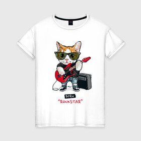 Женская футболка хлопок с принтом КРУТОЙ КОТ ГИТАРИСТ в Екатеринбурге, 100% хлопок | прямой крой, круглый вырез горловины, длина до линии бедер, слегка спущенное плечо | Тематика изображения на принте: and | cat | cats | cute | funny | guitar | heavy | kitten | kitty | meow | metal | music | n | pet | playing | rock | roll | star | гитара | гитарист | кот | котик | коты | кошка | кошки | крутой | музыка | рок