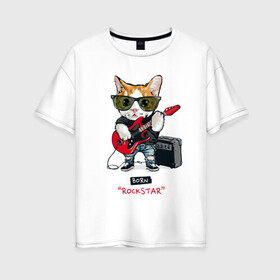 Женская футболка хлопок Oversize с принтом КРУТОЙ КОТ ГИТАРИСТ в Екатеринбурге, 100% хлопок | свободный крой, круглый ворот, спущенный рукав, длина до линии бедер
 | Тематика изображения на принте: and | cat | cats | cute | funny | guitar | heavy | kitten | kitty | meow | metal | music | n | pet | playing | rock | roll | star | гитара | гитарист | кот | котик | коты | кошка | кошки | крутой | музыка | рок