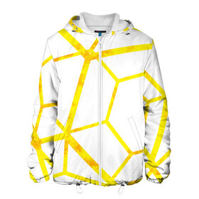 Мужская куртка 3D с принтом Hexagon в Екатеринбурге, ткань верха — 100% полиэстер, подклад — флис | прямой крой, подол и капюшон оформлены резинкой с фиксаторами, два кармана без застежек по бокам, один большой потайной карман на груди. Карман на груди застегивается на липучку | hexagon | high tech | lines | sun | yellow | линии | многоугольник | насыщенный желтый | паутина | солнце | хай тек | шестиугольник | яркий