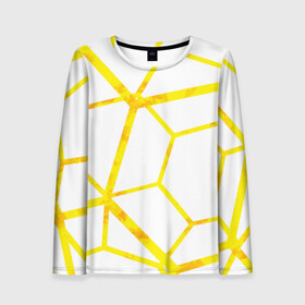 Женский лонгслив 3D с принтом Hexagon в Екатеринбурге, 100% полиэстер | длинные рукава, круглый вырез горловины, полуприлегающий силуэт | hexagon | high tech | lines | sun | yellow | линии | многоугольник | насыщенный желтый | паутина | солнце | хай тек | шестиугольник | яркий