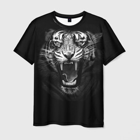 Мужская футболка 3D с принтом Рев Тигра в Екатеринбурге, 100% полиэфир | прямой крой, круглый вырез горловины, длина до линии бедер | roar | tiger | рык | тигр | чернобелый