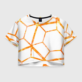 Женская футболка Crop-top 3D с принтом Hexagon в Екатеринбурге, 100% полиэстер | круглая горловина, длина футболки до линии талии, рукава с отворотами | hexagon | high tech | lines | orange | линии | многоугольник | огонь | оранжевый | паутина | пламя | хай тек | шестиугольник | яркий